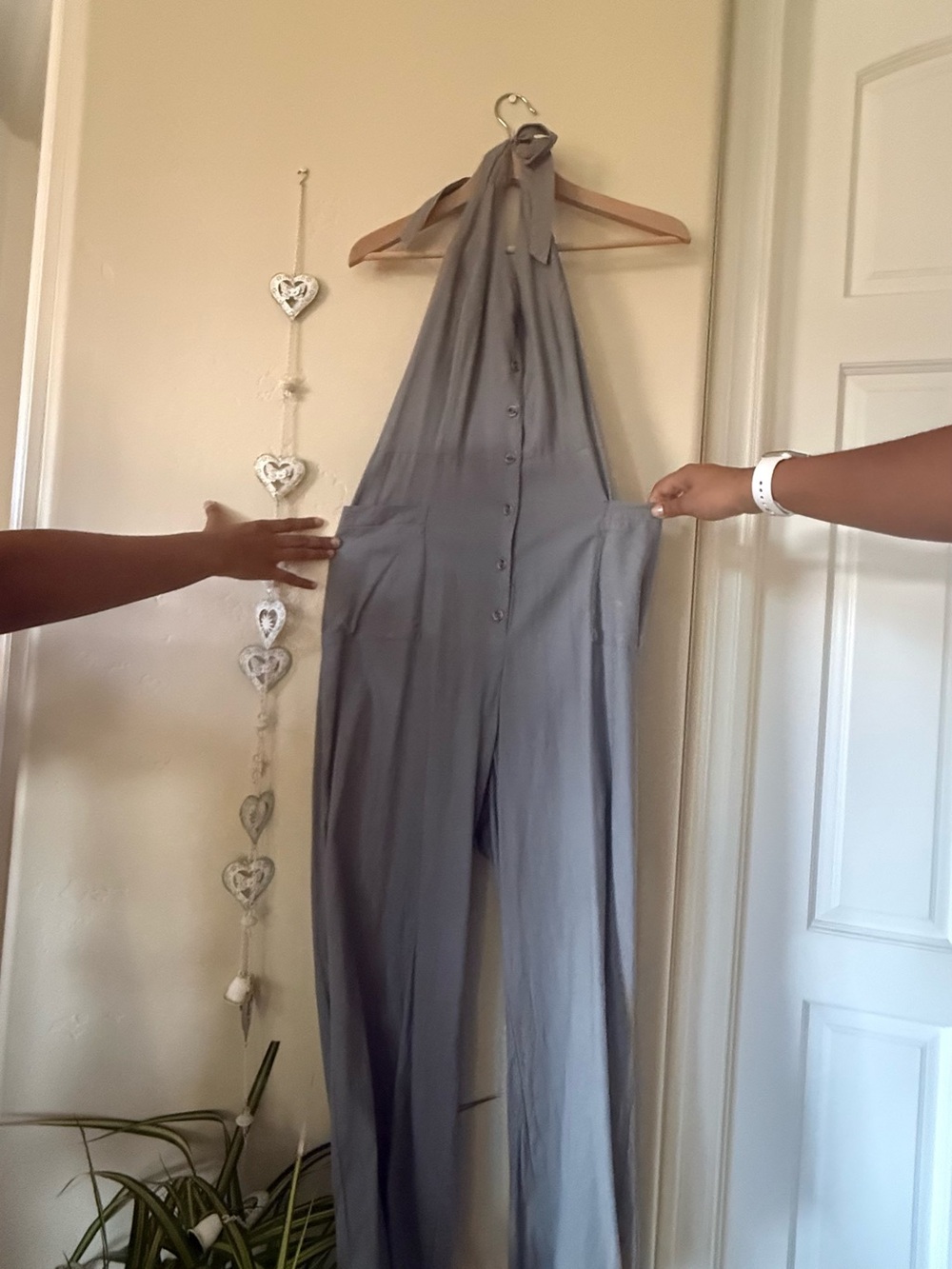Sleeveless Halter Button-Front Gray Jumpsuit